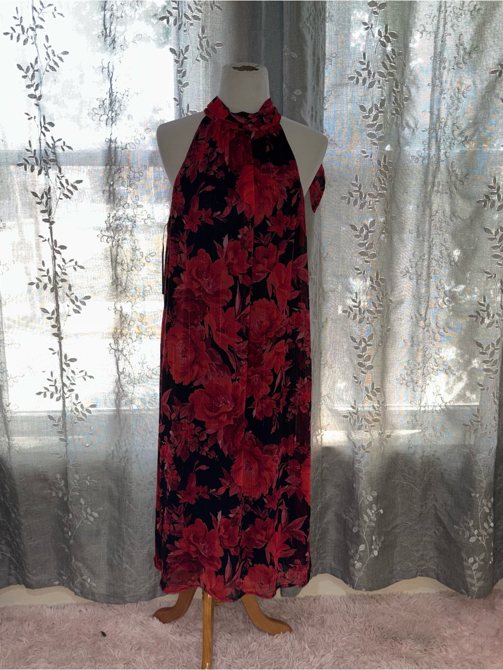 Nicole Miller Black Halter Midi Dress with Red Floral Print